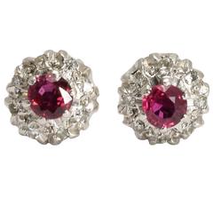 1930s Art Deco Ruby Diamond Gold Stud Cluster Earrings