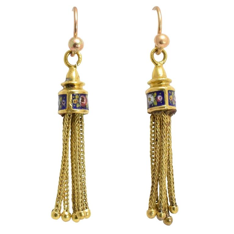 Victorian Enamelled Gold Tassel Earrings at 1stDibs
