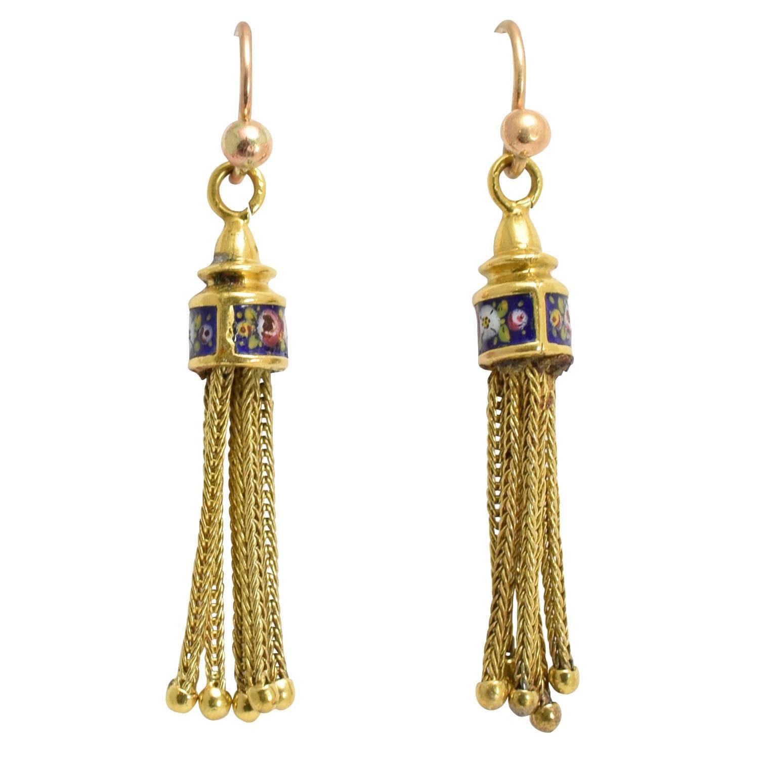 Victorian Enamelled Gold Tassel Earrings