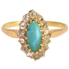 Victorian Turquoise Diamond Gold Marquise Cluster Ring