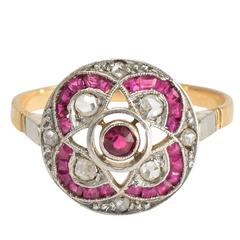 Art Deco Ruby Diamond Openwork Gold Platinum Cluster Ring