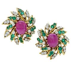 David Webb Ruby Emerald Diamond Gold Earrings 1