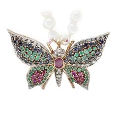 Luise Multi Gem Pearl Diamond Gold Butterfly Necklace Pendant 11