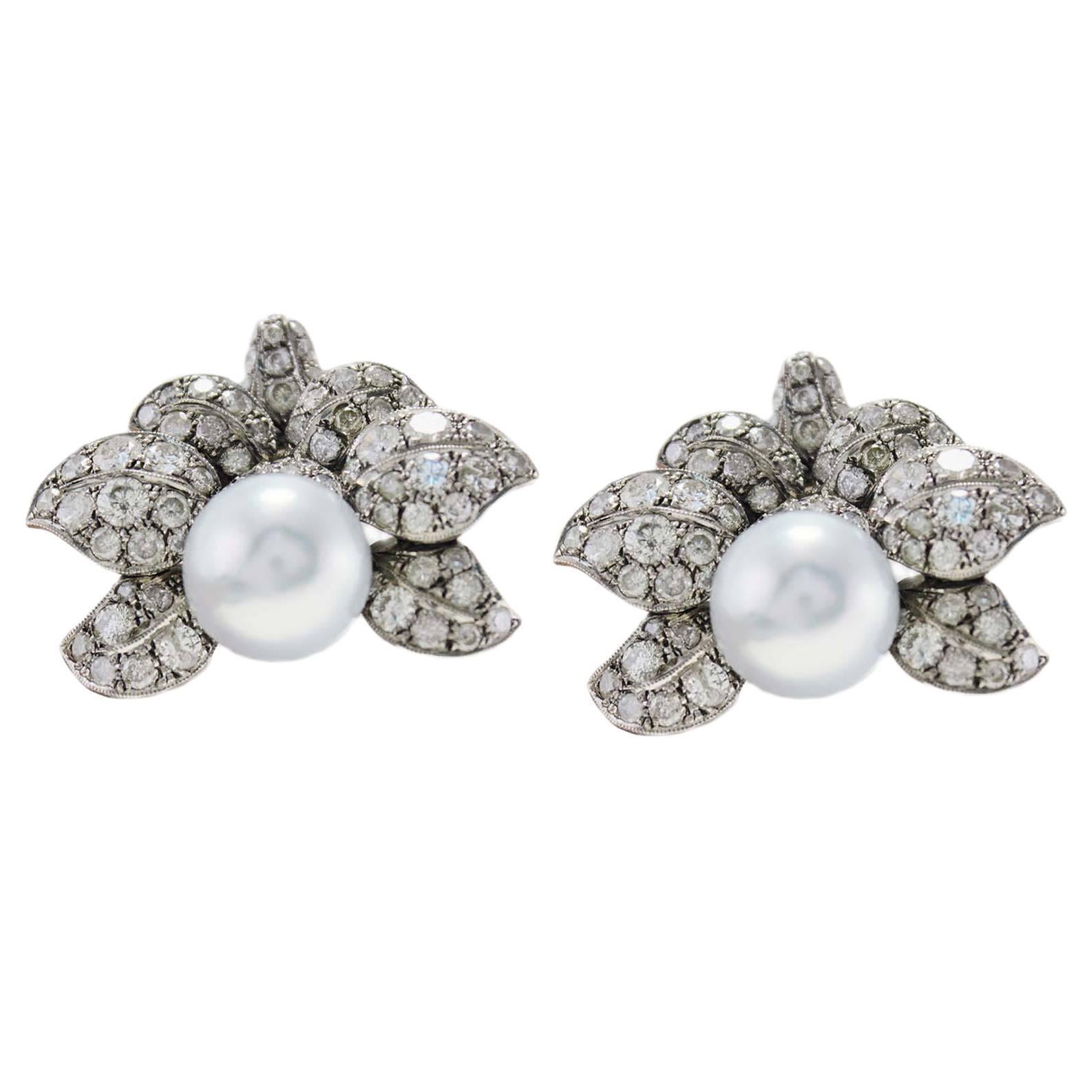 Ct 44 Australian Pearl and Ct 13 Diamonds Rose Gold and Silver Leaf Earrings For Sale