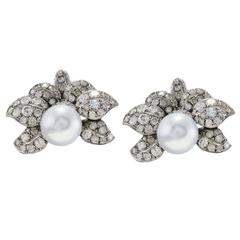 Luise Grey Pearl Diamonds Silver Gold Leaf Earrings 8