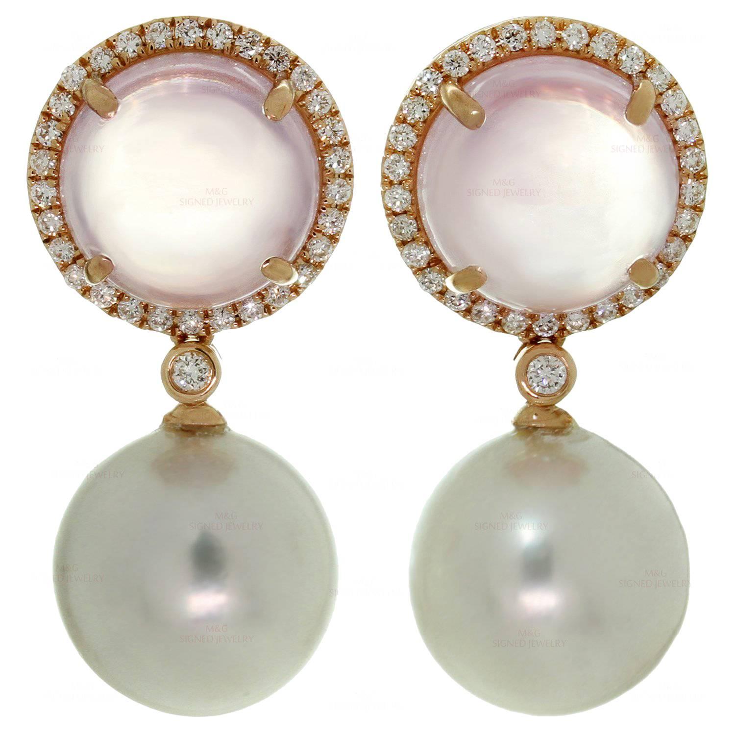 Pink Quartz Pearl Diamond Rose Gold Drop Earrings For Sale at 1stDibs