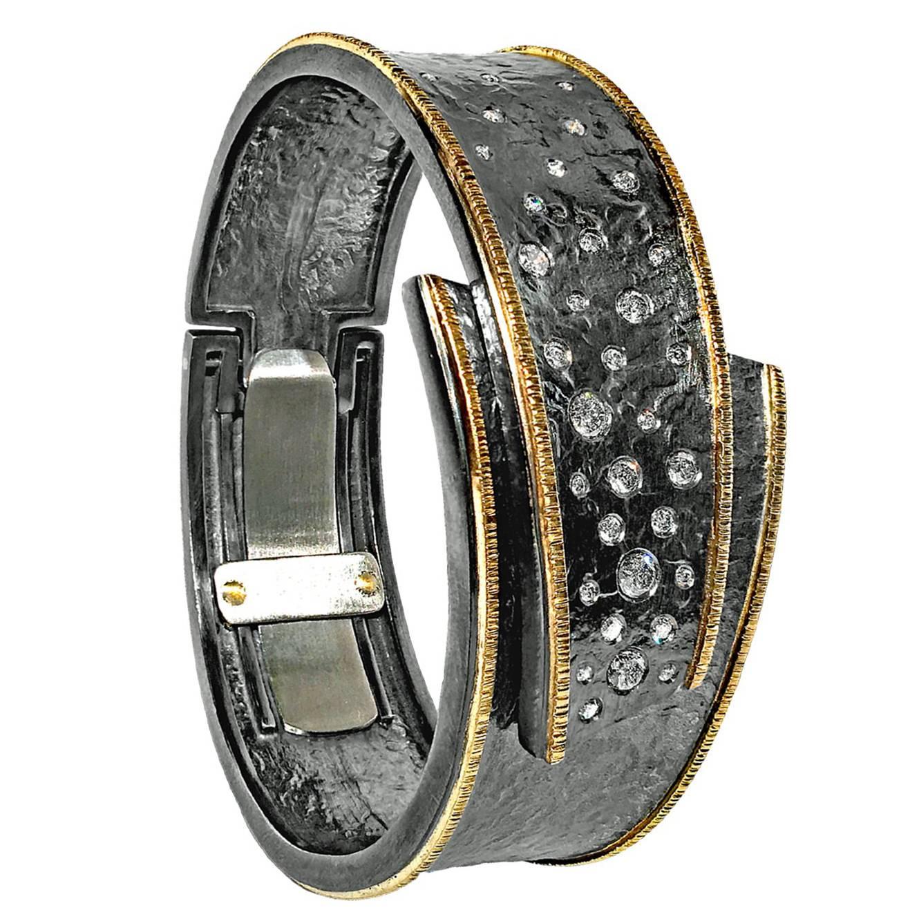 Diamond Embedded Oxidized Silver Gold Hinged Cuff Cyclone Bracelet
