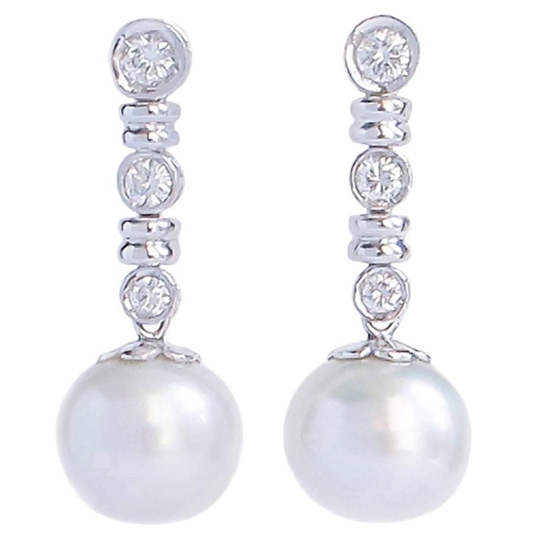 South Sea Pearl and Diamond Drop Earrings Set in White Gold