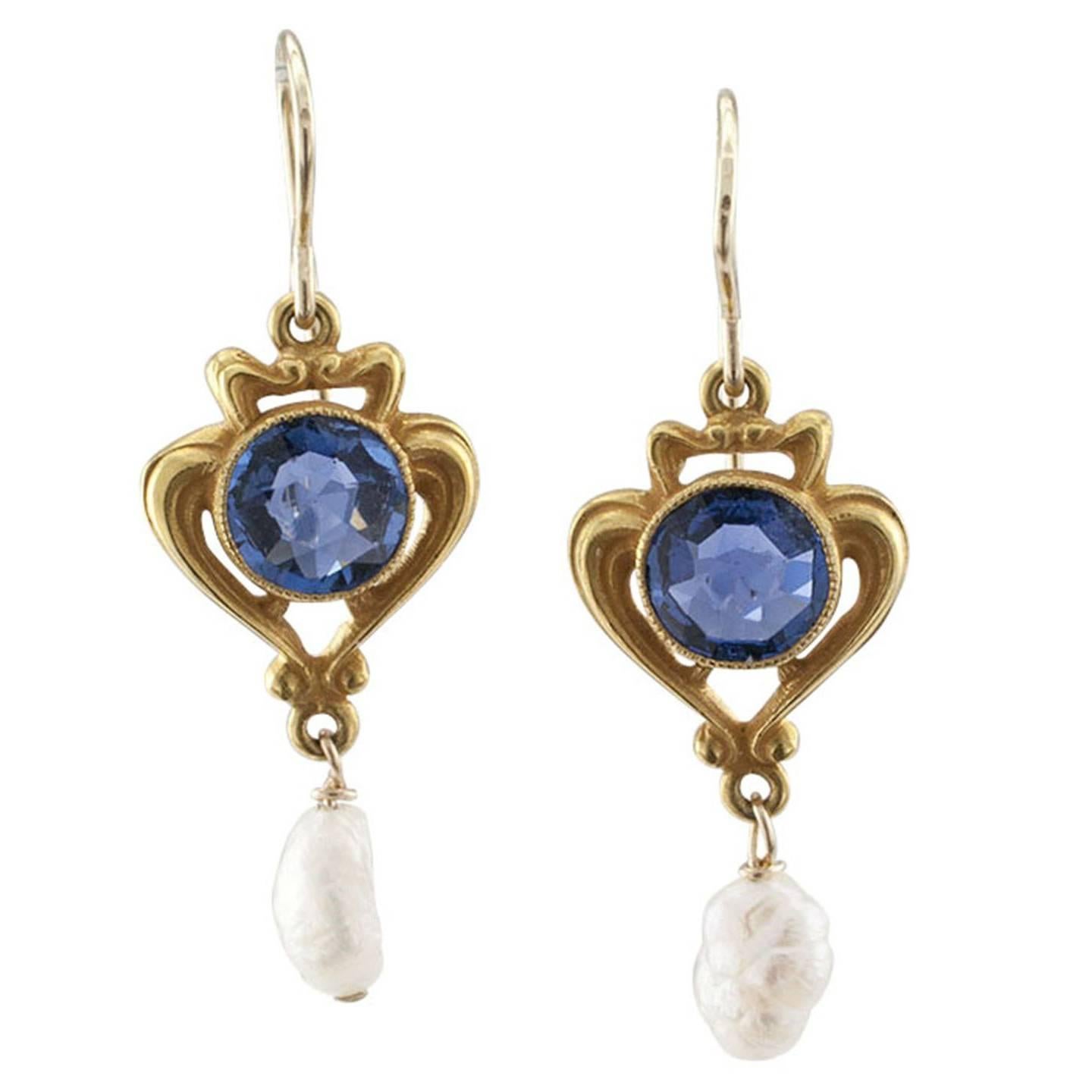 Krementz Art Nouveau Sapphire Pearl Drop Earrings