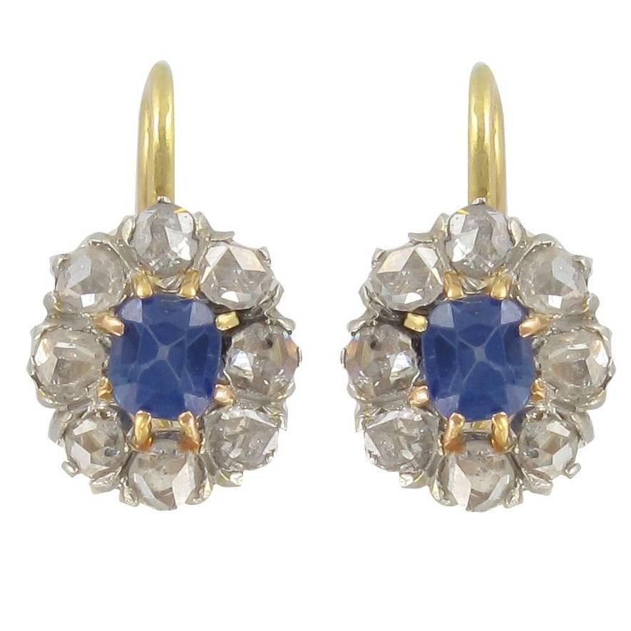 French Antique Sapphire and Diamond Sleeper Earrings