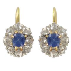 French Antique Sapphire and Diamond Sleeper Earrings