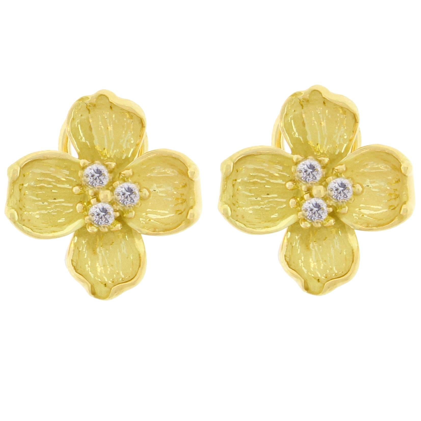 Tiffany & Co.  Diamond Gold Dogwood Motif Earrings