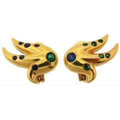Verdura Emerald Sapphire Gold Earrings