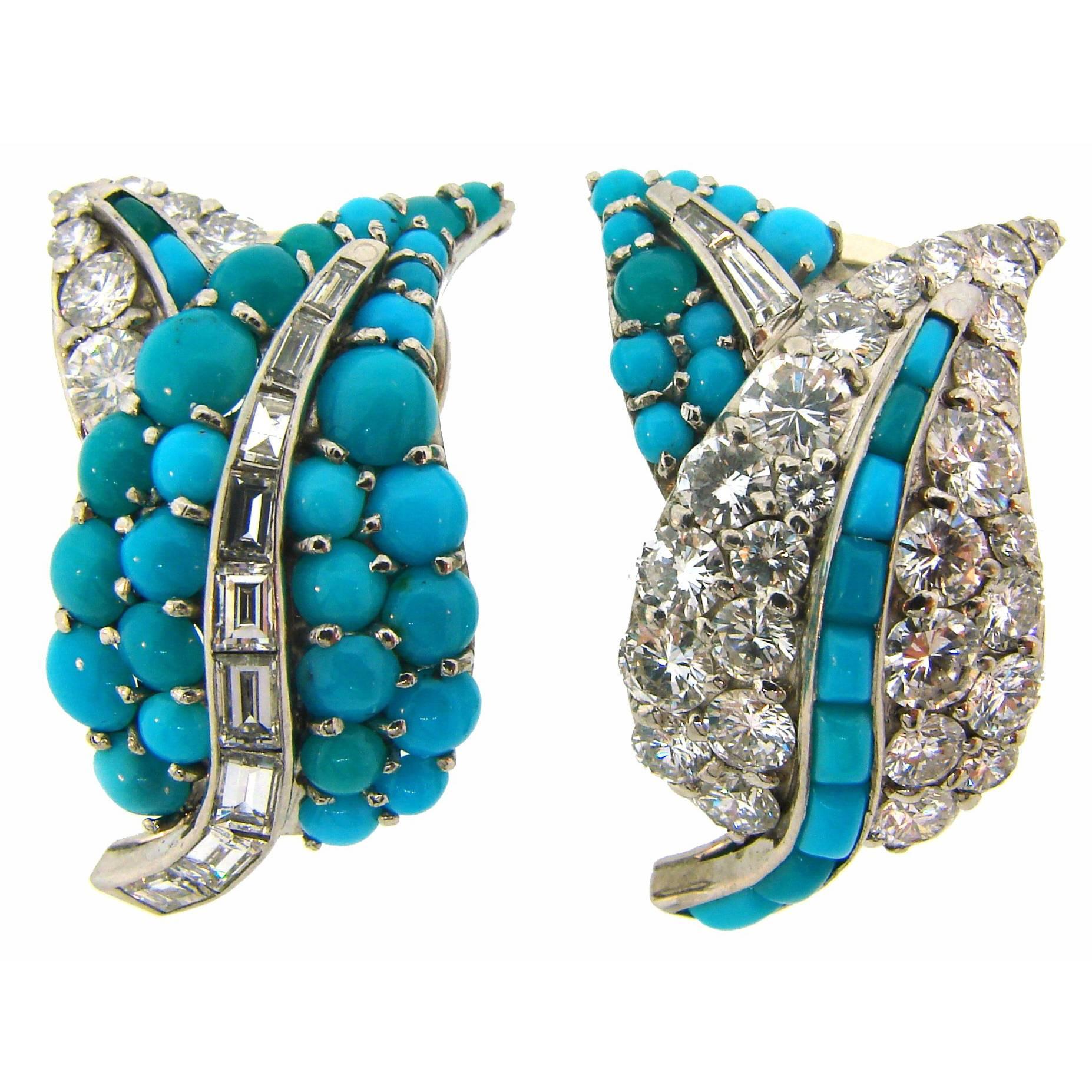 1950s Turquoise Diamond Platinum Earrings