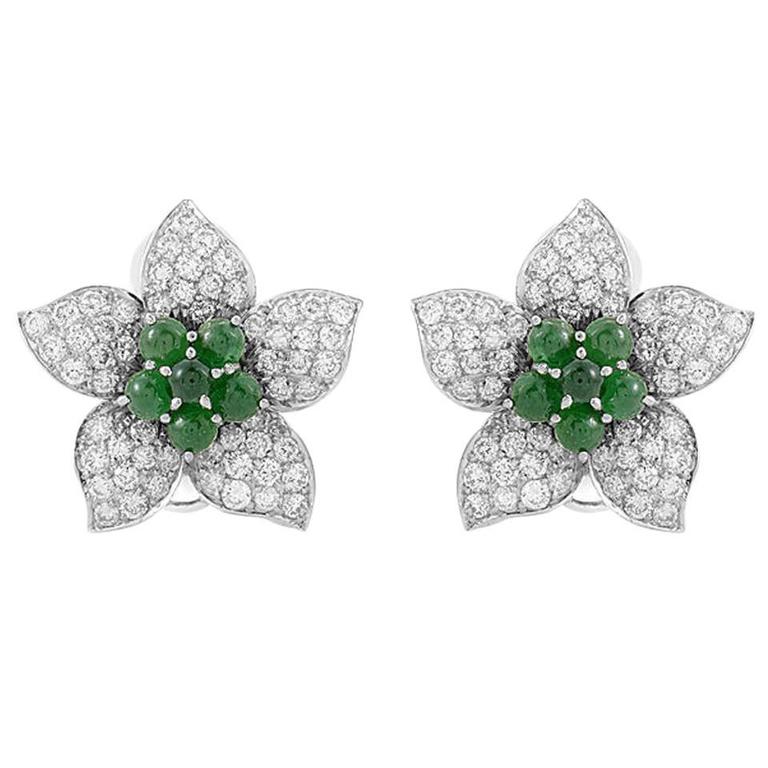 Emerald Diamond Gold Pave Flower Earrings For At 1stdibs Emerald Diamond Gold Pave Flower Earrings For