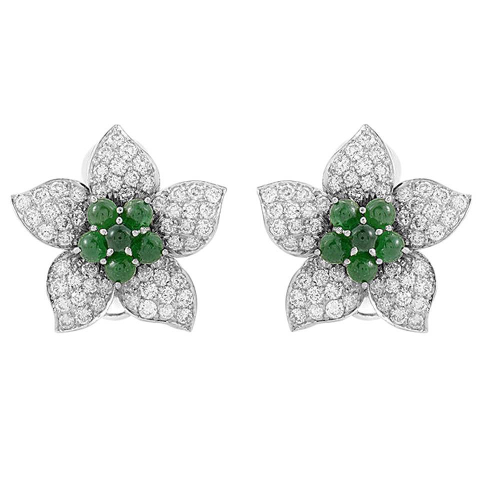 Diamond Pave and Emerald 18 Karat White Gold Flower Earrings