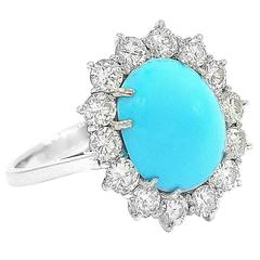 Vintage Perfect Panache 5 Carat Oval Cabochon Persian Turquoise Diamonds Gold Ring