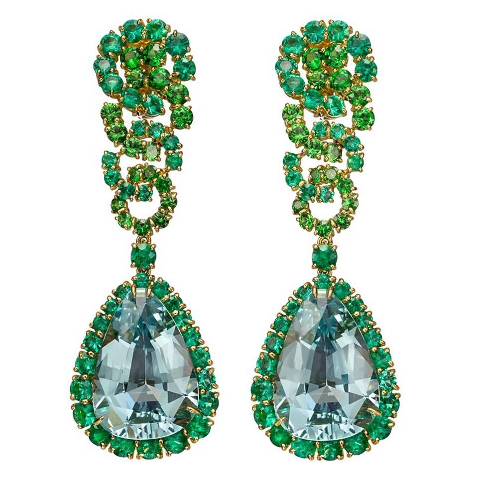 Verdura Aquamarine Emerald Tsavorite Cascade Collection Earrings