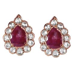 Pear Shape Rosecut Ruby Rosecut Diamond Gold Earring Tops 
