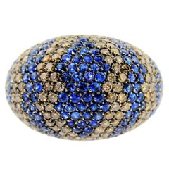 Blue Sapphire Cognac Diamonds Gold Dome Ring