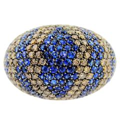 Blue Sapphire Cognac Diamonds Gold Dome Ring 8