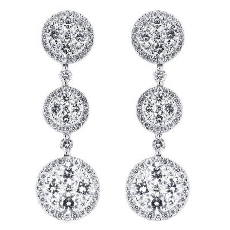2.81 Carat Round Brilliant Cut Diamond Gold Halo Drop Earrings For Sale