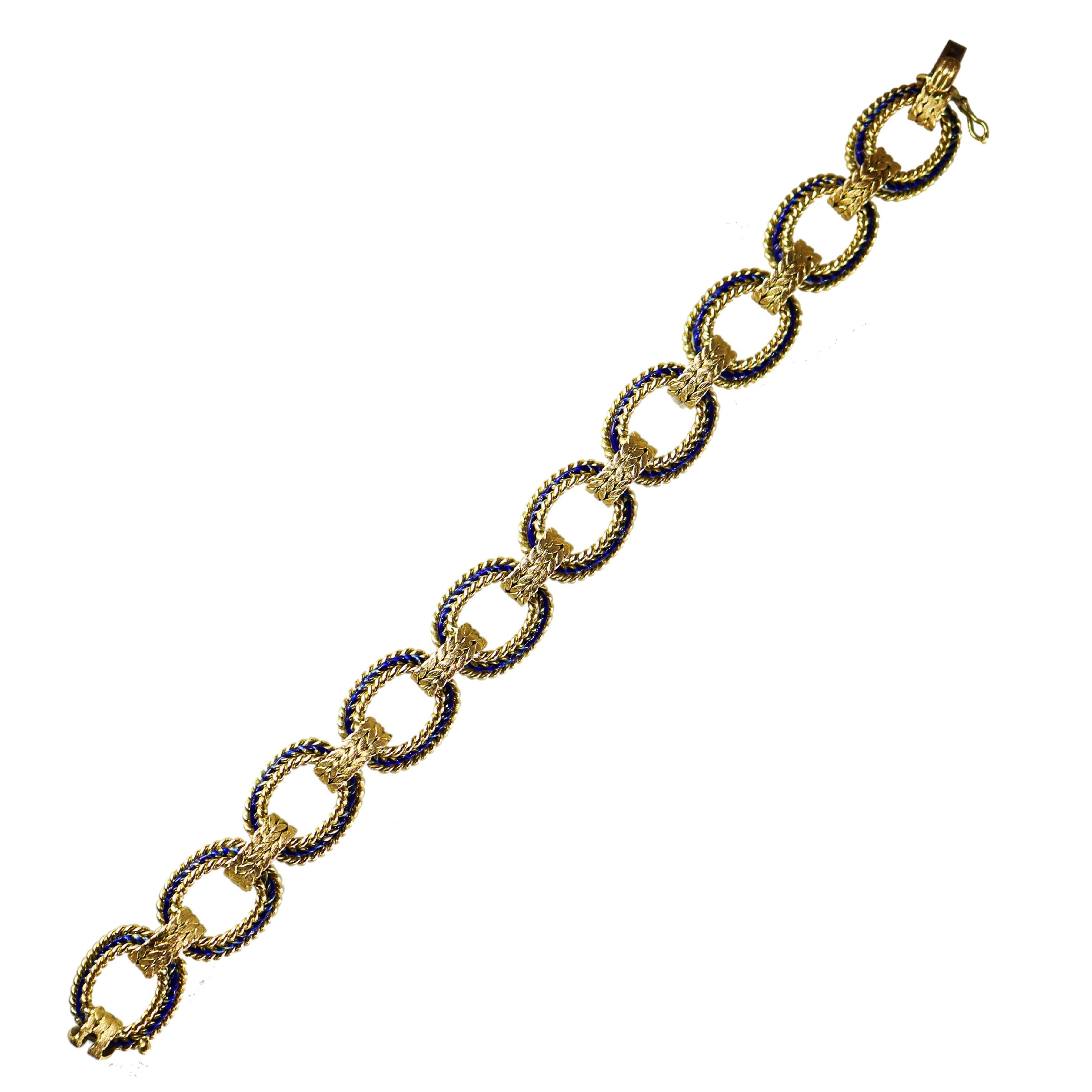 Blue Enamel 18 Karat Yellow Gold Link Bracelet For Sale