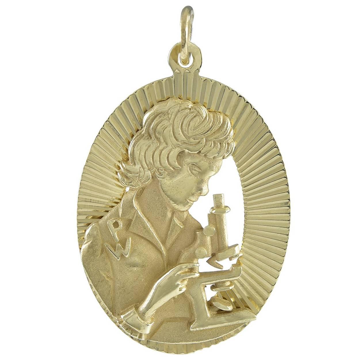 Unique Gold Charm -- Young Woman With Microscope