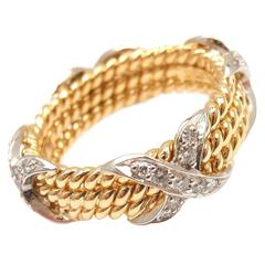 Tiffany & Co. Jean Schlumberger Three Row Diamond Gold Rope Band Ring 10