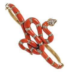 Carrera y Carrera Red Coral Diamond Gold Snake Bangle Bracelet