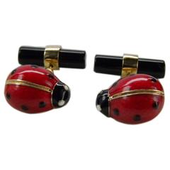 Hand Enamelled Onyx Back Ladybug 9Carat Gold Cufflinks