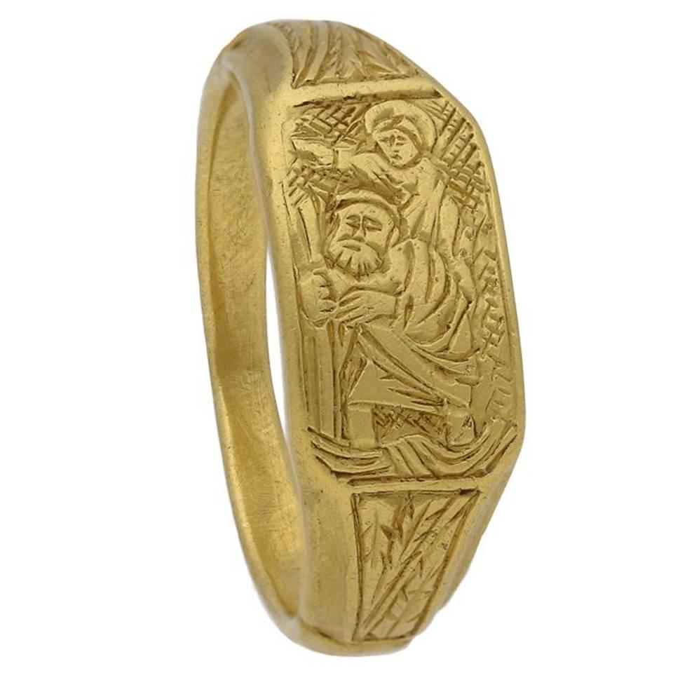 Medieval 15th Century Iconographic Gold Saint Christopher Ring  For Sale