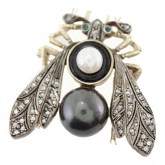 Vintage Black and White Pearl Diamond Silver Gold Fly Brooch