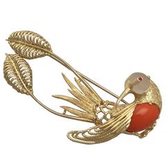 1950s Italian Ruby, Moonstone, Coral and Yellow Gold 'Hummingbird' Brooch