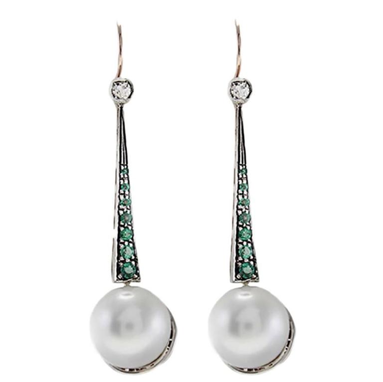 Large Pearl Emerald Diamond Silver Gold Drop Earrings For At Large Pearl Emerald Diamond Silver Gold Drop Earrings For