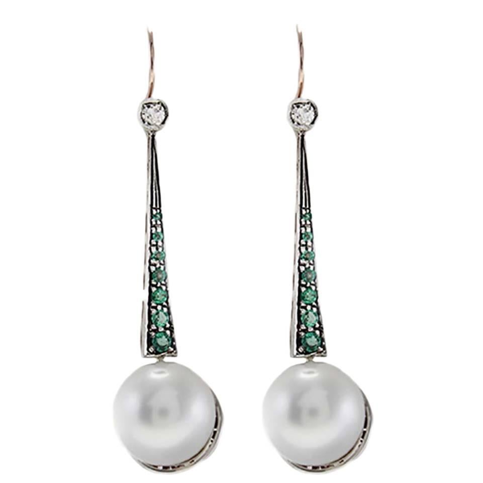 Large Pearl Emerald Diamond Silver Gold Drop Earrings