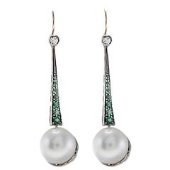 Luise Large Pearl Emerald Diamond Silver Gold Drop Earrings 7