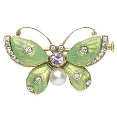 Guilloche Enamel Sapphire Pearl Diamond Gold Butterfly Brooch