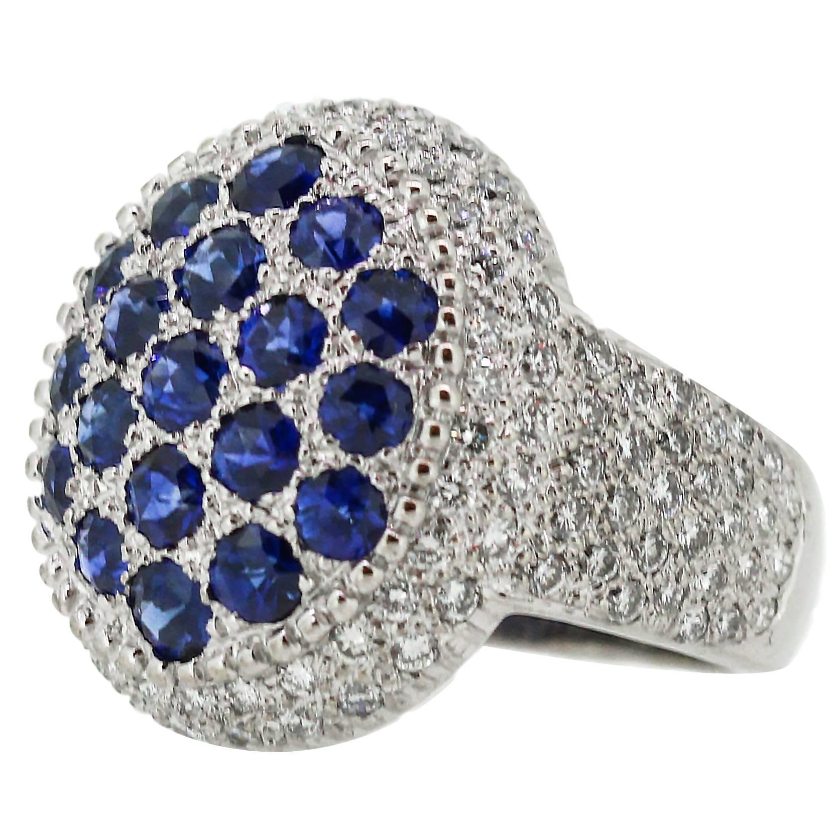 Mouawad Blue Sapphire Diamond Gold Rosette Oval Ring