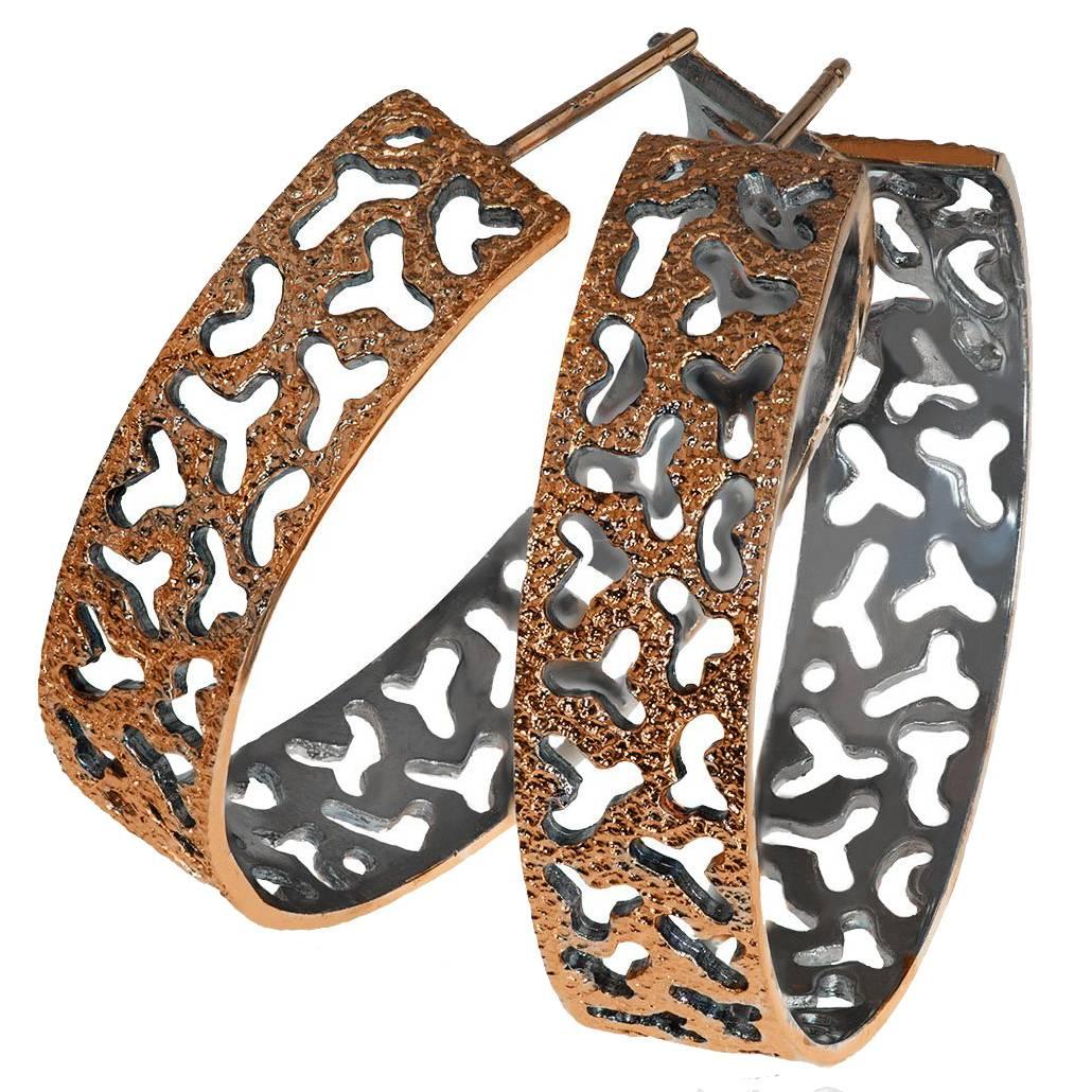 Alex Soldier Silver Rose Gold Platinum Textured Hoop Earrings Handmade in NYC