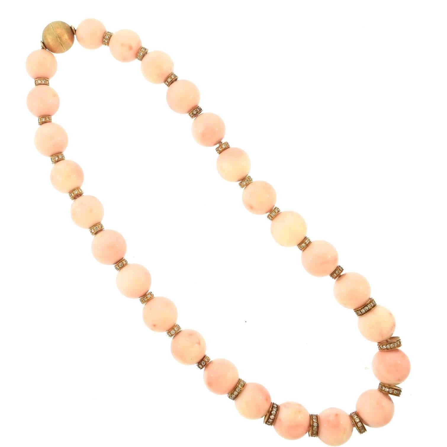 Angel Skin Coral and Yellow Gold Necklace with Diamonds For Sale
