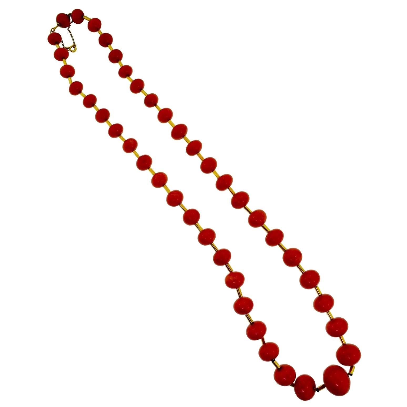 Red Coral Yellow Gold Long Chain Bead Necklace For Sale
