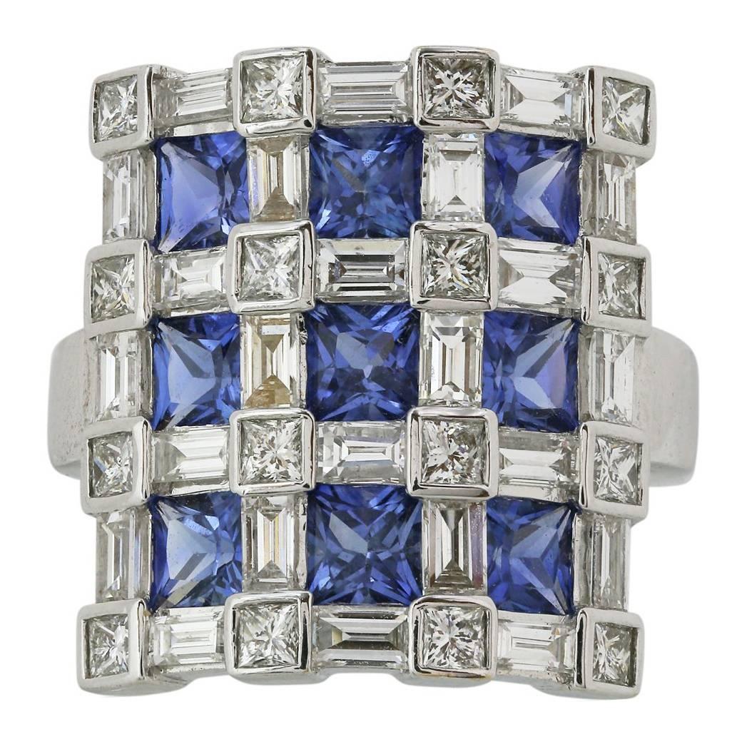 3.70 Carat Sapphires 2.71 Carat Diamonds Gold Checkerboard Style Ring For Sale