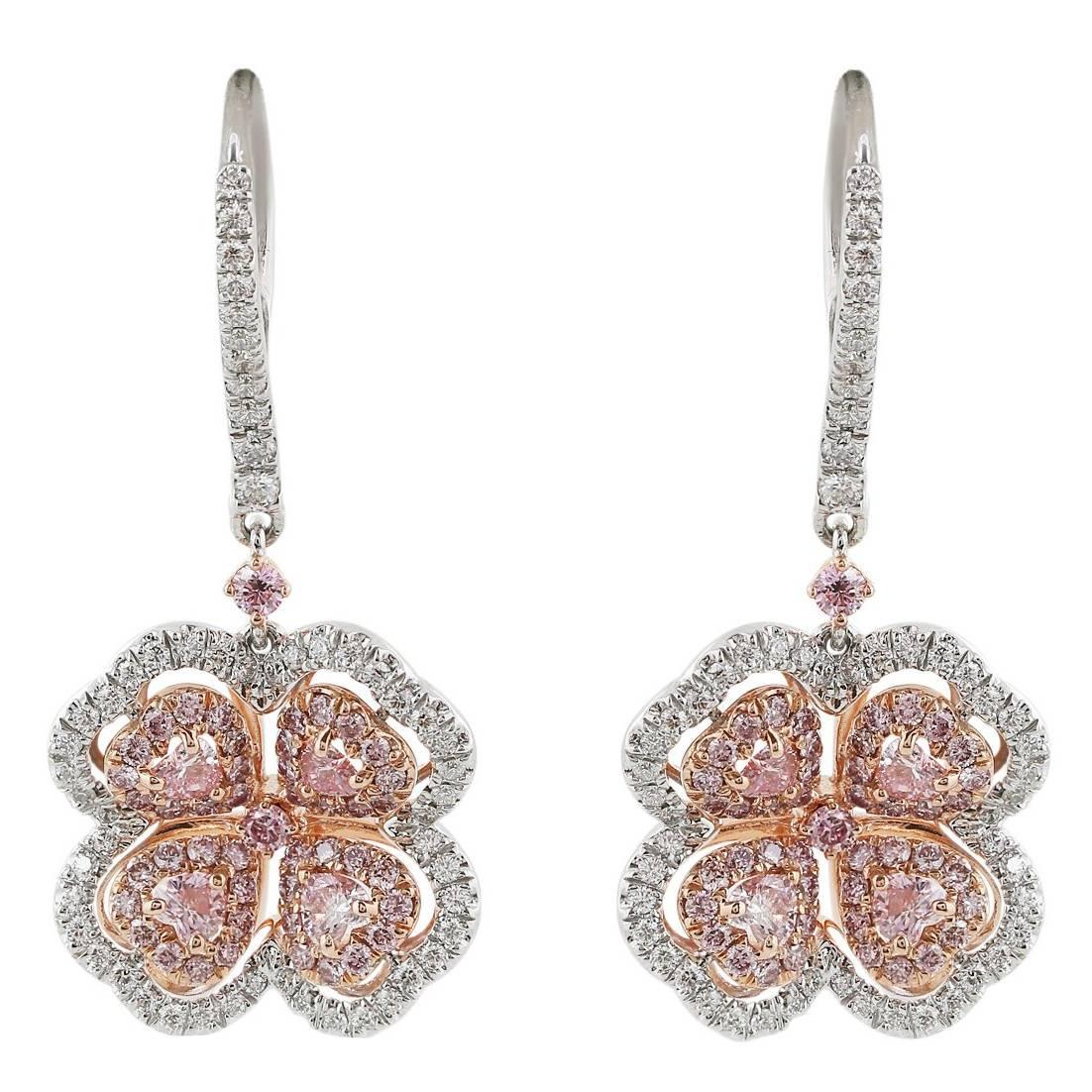 1.83 Carat Pink Diamond Two-Color Gold Flower Earrings For Sale
