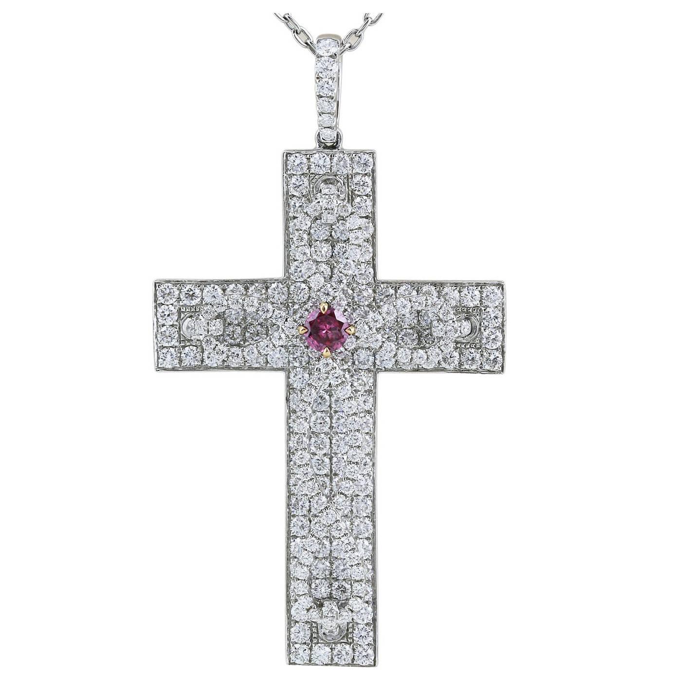 3.77 Carat Diamond Pave Cross Pendant with Vivid Argyle Pink Centre Diamond For Sale