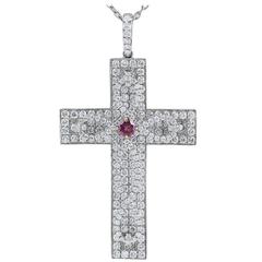 3.77 Carat Diamond Pave Cross Pendant with Vivid Argyle Pink Centre Diamond