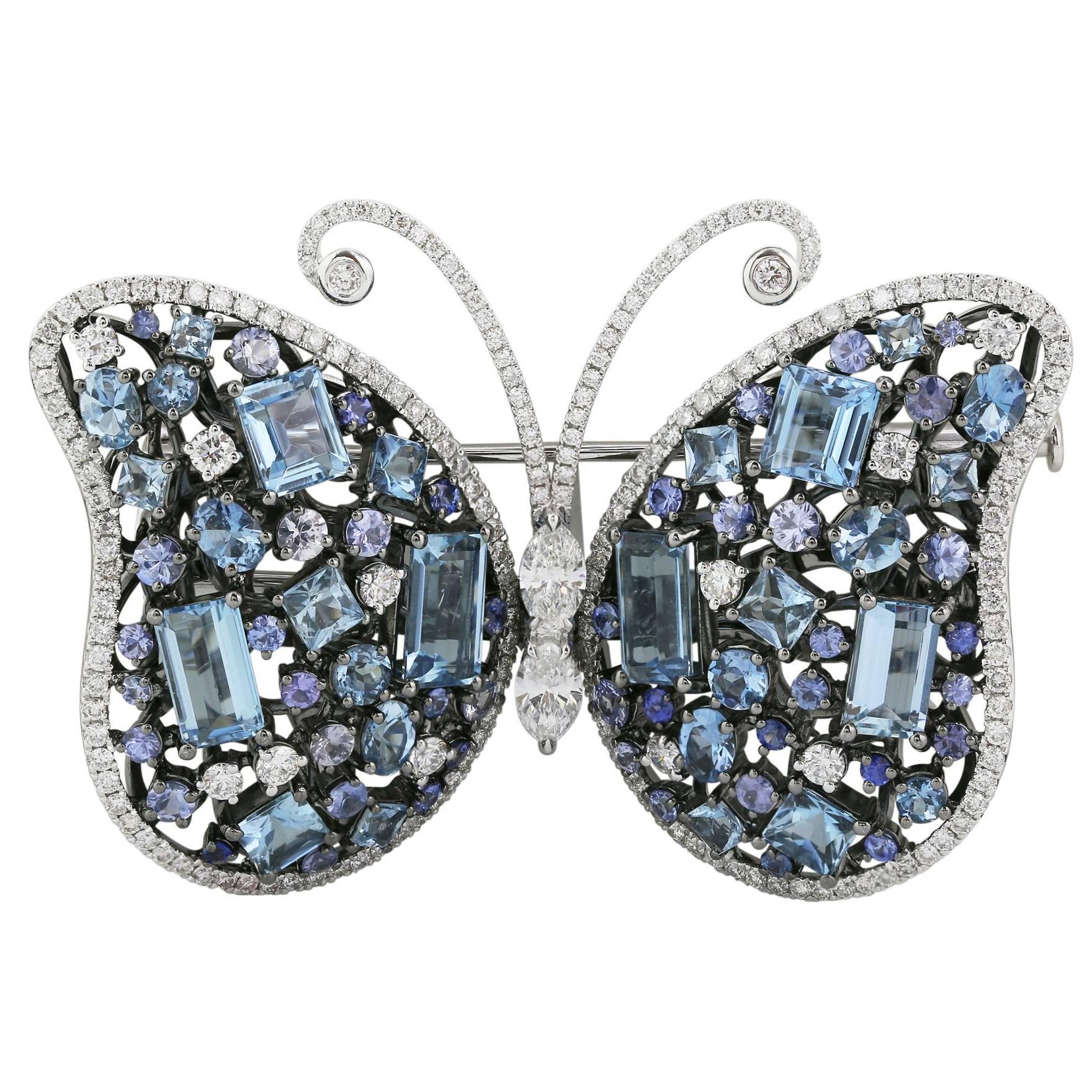 Aquamarine Sapphire Diamond Butterfly Brooch For Sale