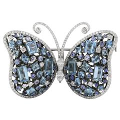 Aquamarine Sapphire Diamond Butterfly Brooch