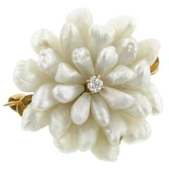 1910 Antique Pearl Diamond Gold Chrysanthemum Pin