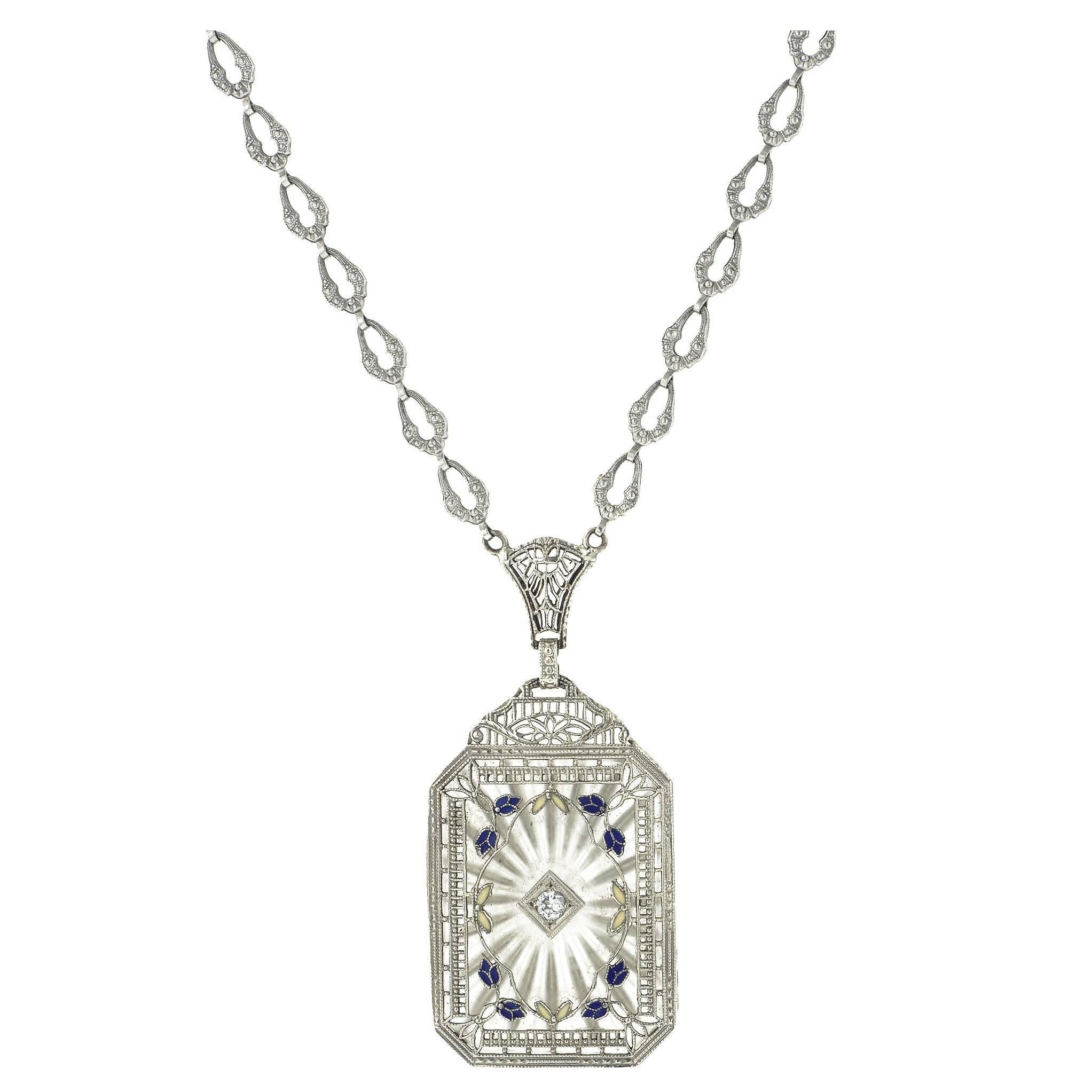 Art Deco Carved Rock Crystal Enamel Diamond Gold Filigree Necklace For Sale
